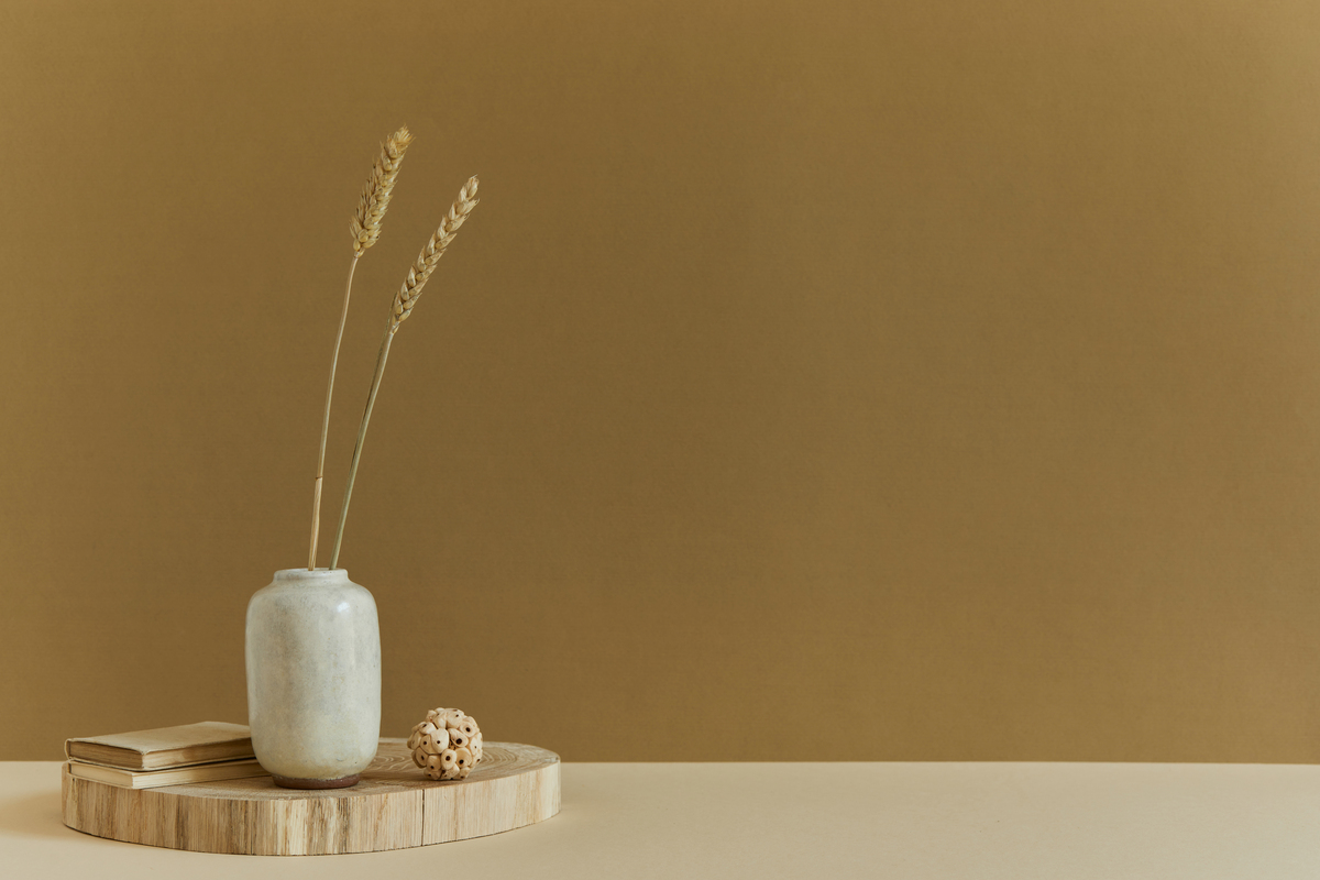 Creative composition of minimalistic interior design with copy s objets décoration