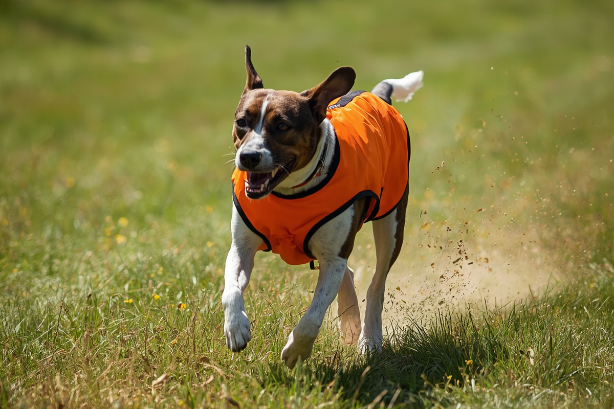 Chien de chasse équipé de son gilet sur le terrain